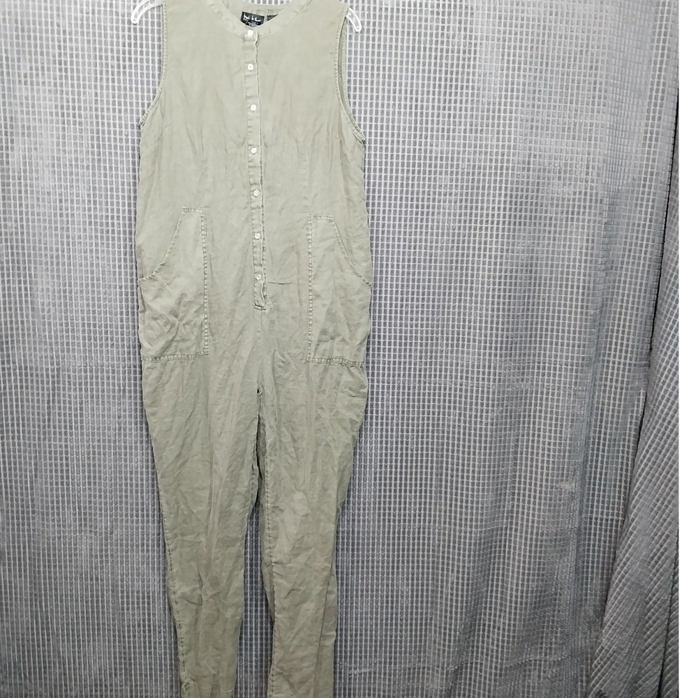 Nicole Miller Jumpsuit Womens Linen Button Front Sleeveless 12 Olive Green